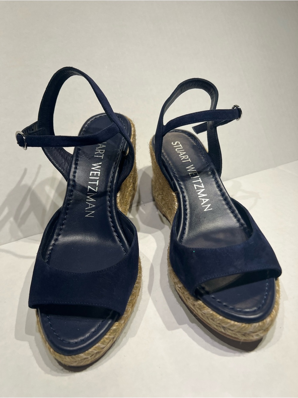 Stuart Weitzman Navy Suede Espadrille Wedge Sandals with Ankle Strap Sz 7